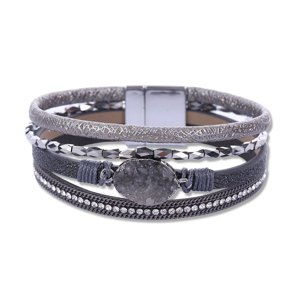 bracelet cuir et pierre femme Gris