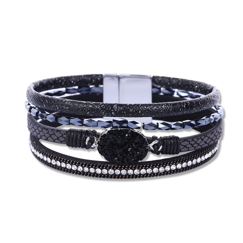 bracelet cuir et pierre femme Noir