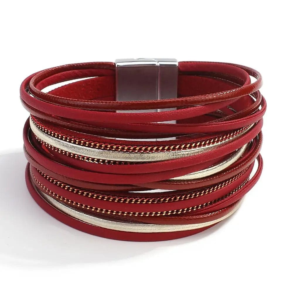 bracelet multirang cuir femme Rouge