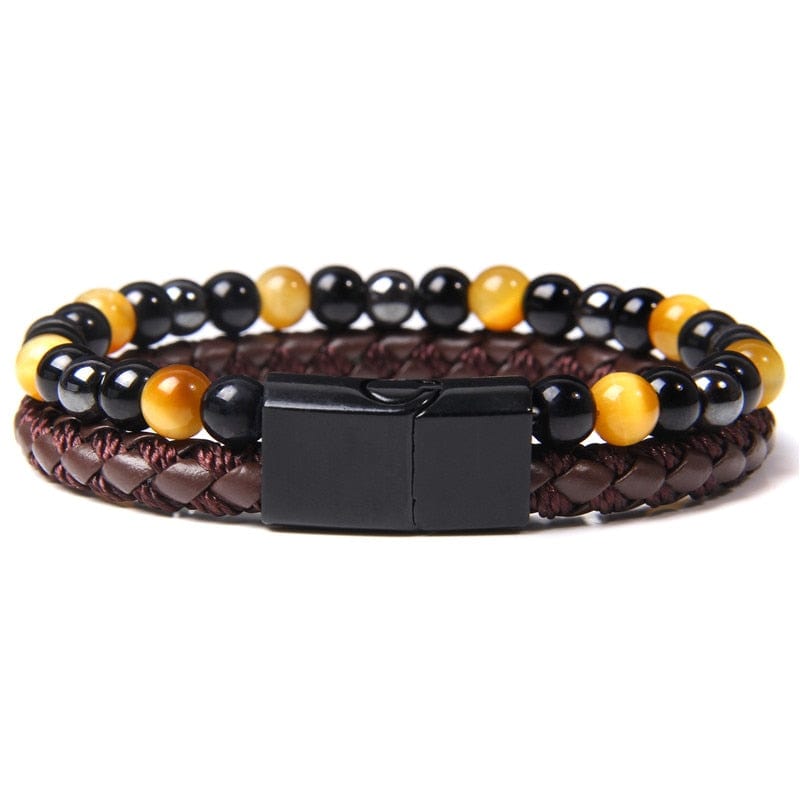 Bracelet oeil de tigre et obsidienne Jaune / 17cm